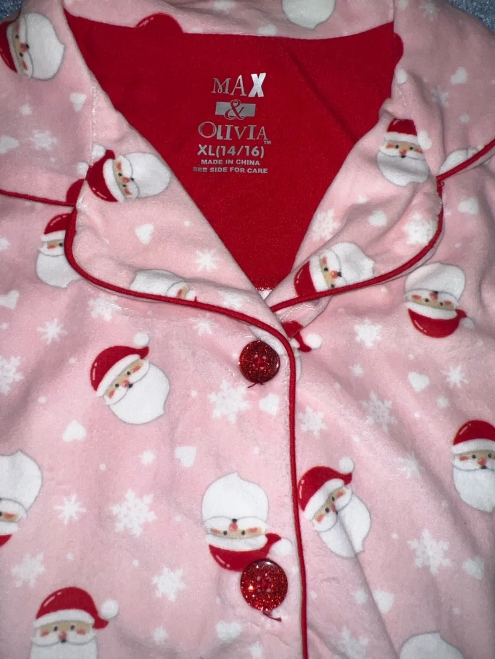 NEW Max & Olivia Pink Santa Print Girls Pajama Set -Button Front 2pc & scrunchie